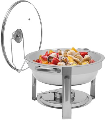 Professional Speisenwärmer mit Glasdeckel | rund | 5 Liter | Chafing Dish | Warmhaltebehälter Edelstahl | Rechaud | Buffetwärmer | Wärmebehälter | für gewerblichen Einsatz