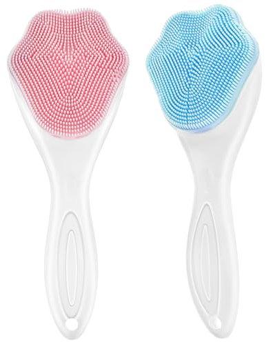 COMNICO 2 Pack Silicone Face Scrubber Facial Cleansing Brush Soft Bristles Face Wash Brush Waterproof Manual Handheld Exfoliating Massager Deep Cleaning Face Skincare (Blue, Pink)