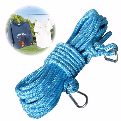 MAEXUS Wäscheleine Extra Stark, 8mm*15m Wäscheleinen, extra Starke Wäscheleine, Nylon Wäscheseil, mit Metallhaken Karabiner, Reißfest und Rostfest Wäscheleine für Draußen Garden Camping (Blau)