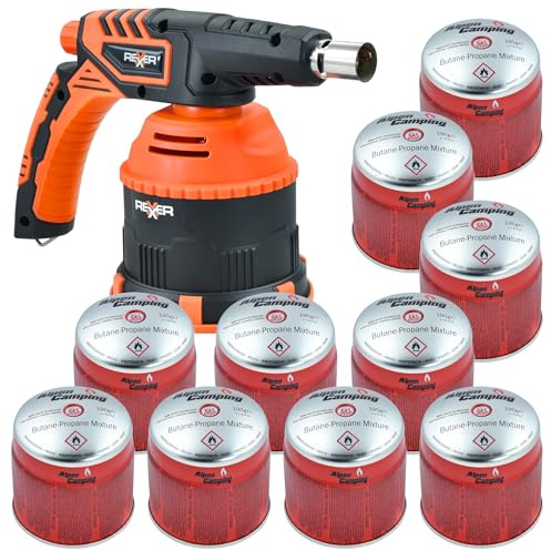 REXXER Premium Gasbrenner Set mit 10 Alpen Camping Kartuschen | 1200 W, gummierter Griff, Piezozündung, 10 Propan-Butan Kartuschen 190 g