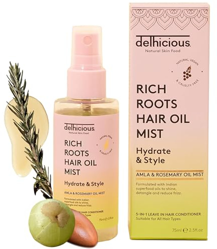 Delhicious Rich Roots Leave-in Conditioner Spray, 75ml | 5-in-1 Detangler and Anti-Frizz Hair Mist with Amla, Argan and Rosemary Oils for Softer, Smoother Hair