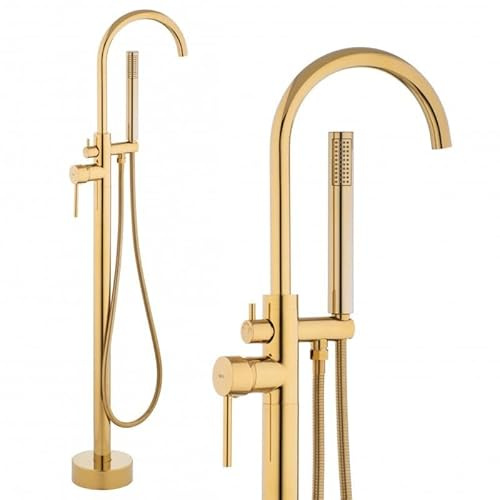 Yoka Home - Freistehende Badewannearmatur mit Handbrause - Wasserhahn für Badewanne Freistehend - Mischbatterie - Wannenarmatur Drehbar - Bodenmontage - Gold