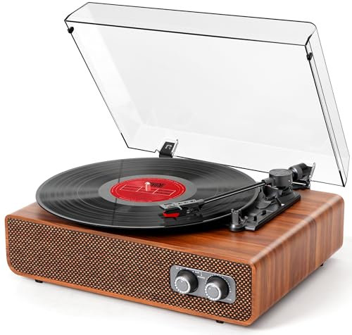 Tocadiscos de vinilo vintage de 3 velocidades Bluetooth con altavoces mejorados, contrapeso ajustable, reproductor de LP de vinilo con sonido mejorado, entrada auxiliar y salida RCA, madera clara