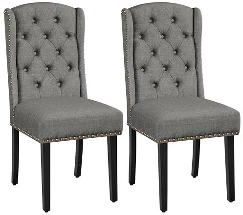 Yaheetech Classic Dining Room Chairs Set of 2 with Wooden Legs, Light Gray | Button Tufted Kitchen Chairs with High Back & Thick Seat Cushion, Upholstered Dining Room Chairs for Dining Room Home