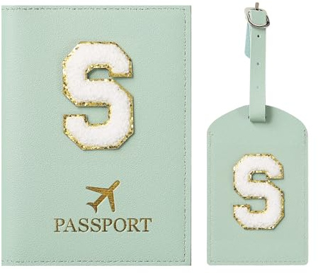 ZVRSUA Reisepasshülle und Kofferanhänger mit Buchstabe S,Passport Hülle, Hülle Reisepass,Ausweismappe, der Pass, Kofferanhänger für Kreuzfahrten und Flugreise,Geschenk für Damen/Teenager/Kind(Grün S)