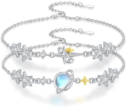 PARYFO Freundschaftsarmband für 2 mit Mondstein Planet Armband 925 Sterling Silber Verstellbar Freundschaftsarmbänder die Beste Freundin Partnerin Schwester Mädchen Sie