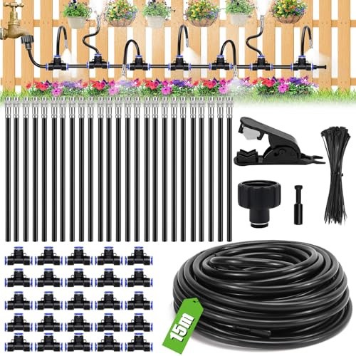 Beregnungsanlage Garten Bewässerungssystem 15m Gartenbewässerungssysteme | Hochbeet Bewässerung mit 25 verstellbaren Messing-Sprühdüsen für Gewächshaus, Pflanzen & sprühnebel terrasse