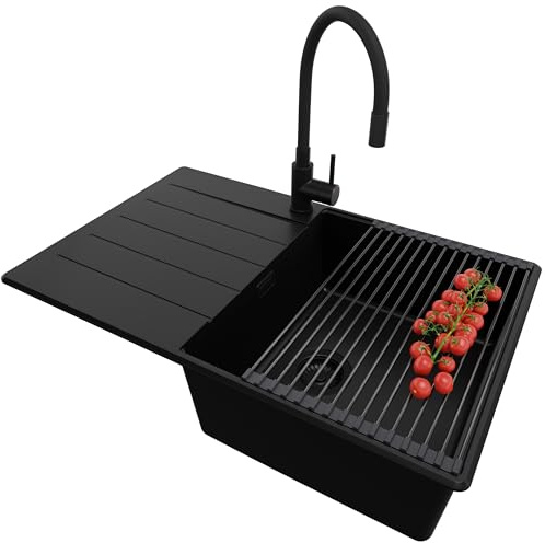 PRIMAGRAN Fregadero Granito al Mueble 50cm + Grifo, 78x50cm | Set: Grifo BW6020 + Kit de desagüe + Enrollable Escurridor + Copenhague Top 1 Seno para Cocina, Todo Negro