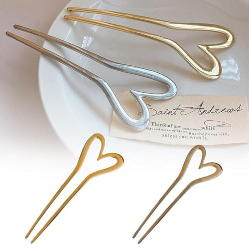 Lot de 2 épingles à cheveux en forme de U en métal doré en forme de cœur, accessoires de cheveux élégants pour femmes et filles