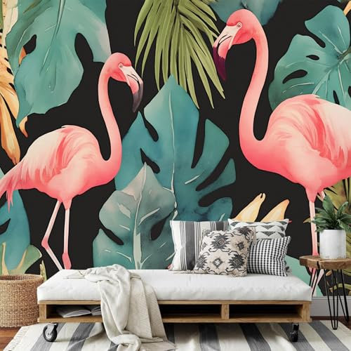 MIATCENRT Carta Da Parati Effetto 3D Fotografica, 450Lx315A cm Carta da Parati Personalizzazione, Tessuto di Seta, Fenicottero Foglie Verdi Moderna Decorativo in Stile Acquerello con Sfondo TV