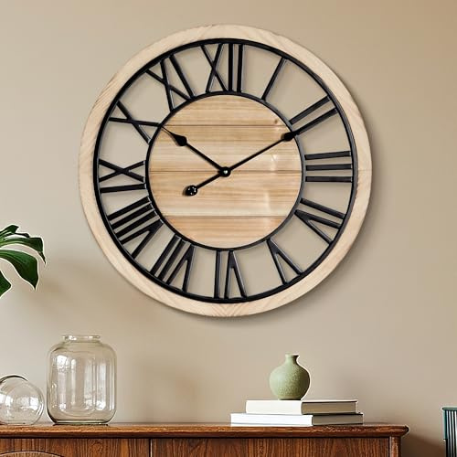 Maxstar Orologio da Parete Rotondo, 60 cm Vintage Orologio da Parete Legno, Silenzioso Senza Ticchettio, Rotondo per Soggiorno Decor(Numeri Romani)