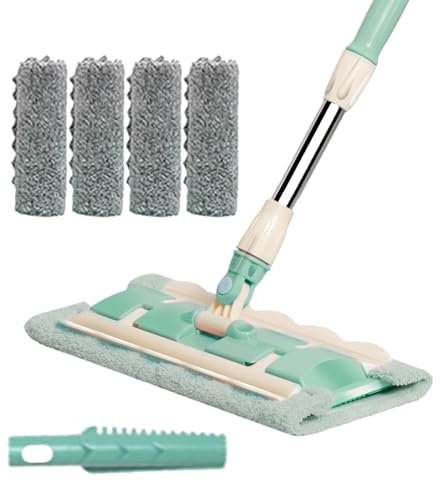 – Scopa a frange per cucina con 4 teste lavabili | Rotazione a 360° per pavimenti piastrellati, parquet, esterno, terrazza, manico telescopico