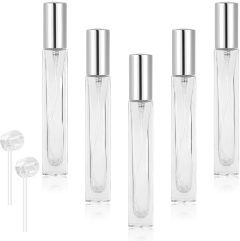 AOOWU Atomizador Perfume de Vidrio, 5PCS Frascos de Perfumes de Vidrio 10ml, Portátil Botella de Perfume de Cristal con 2PCS Pipetas, Recargable Atomizador Botella de Cristal para Viaje(Transparente)