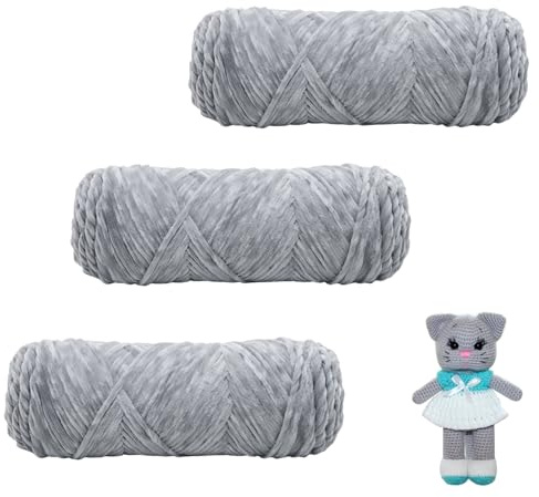 Zyiphor 3×100g Chenille Wolle zum Häkeln, Dicke Flauschige Weich Chenille Garn, Velvet Wolle Chenilles Garn, für Decken Schals Häkeltiere Kreative Handarbeit (Hellgrau)