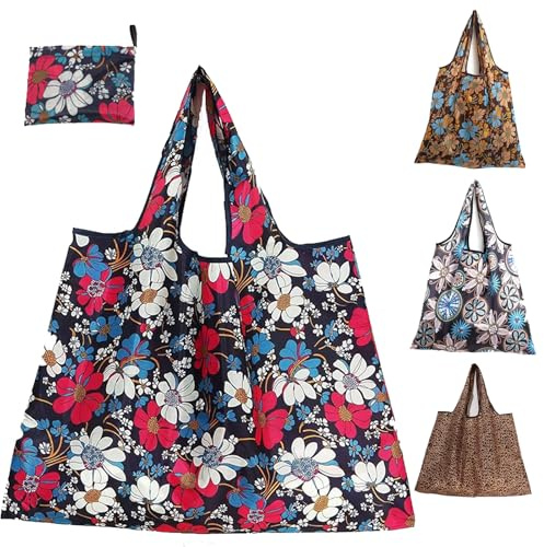 4 Pcs Large Foldable Shopping Tote Bag, Reusable Shopping Bags, Eco Waterproof Tote Shopping Cloth Bags, Lightweight Handbag Tote Pouch for Travel Picnic Daily Use Holiday Favors