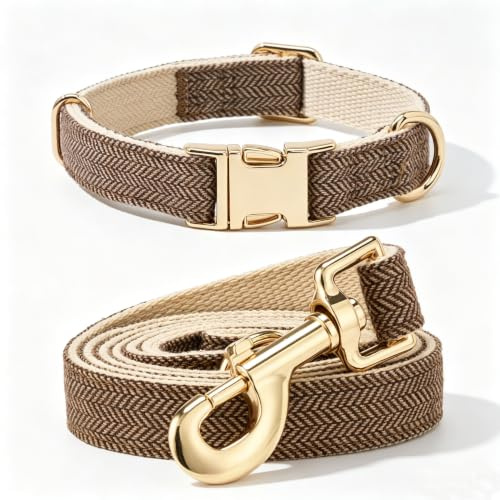 YUDOTE Hundehalsband und Leine aus Tweed, Metallschnalle, verstellbares, strapazierfähiges Baumwollhalsband und Leine für Hochzeitshunde, Halsband für mittelgroße Hunde, Halsumfang 31–49 cm, Leine 2,0