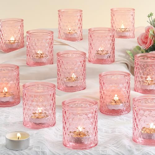 LETINE 12 Stück Rosa Teelichthalter, Glas Kerzenhalter, 6,7 X 5,5 cm | Langlebig und Hochwertige Teelichtgläser, Kerzengläser Geeignet für Partys, Festivals, Hochzeiten, Heimdekoration