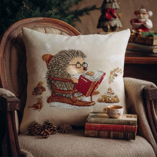 Kitquiver Süße Tiere Knüpfkissen Set,Latch Hook Kissen Kit,Igel Liest Ein Buch,3D Handgemachte Geschenke Knüpfteppich Für Kinder Und Erwachsene Knüpfset,43X43Cm