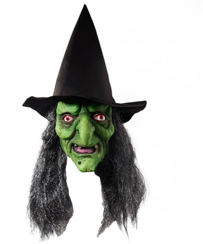 xowwyue Halloween Hexen Maske Halloween Grünes Latex Hexenmaske Mit Haar Und Hut, Horror Gesichtsabdeckung Für Kopfgrößen Von 55–62 cm, Für Cosplay-Kopfbedeckung Requisiten