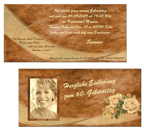 Einladungen zum Geburtstag, Vintage, jedes Alter möglich 50 60 70, als | digitale Datei (2 JPG) oder gedruckt auf hochwertigen Feinstkarton, Text anpassbar, mit Foto doppelseitig, 1 - 200 Karten
