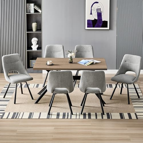 LEWE Essgruppen Esstisch mit 6 Stühlen, 140 x 80 x 76 cm Rechteckig Esstisch aus Holz mit 6 Esszimmerstühle, Gepolstert, Breitere Sitzfläche, Armlos, für Küche Esszimmer und Wohnzimmer,Grau