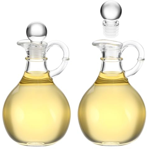 QWORK Glass Oil and Vinegar Cruets Set of 2, 8oz Clear Glass Olive Oil Dispenser Bottles with Airtight Stoppers, Round Salad Dressing Containers