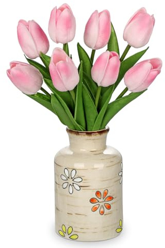 8 tulipanes artificiales en jarra de leche rústica jarrón de cerámica al tacto real flores artificiales arreglos ramos de mesa, regalo para el hogar, oficina, fiesta, boda, cumpleaños, jardín