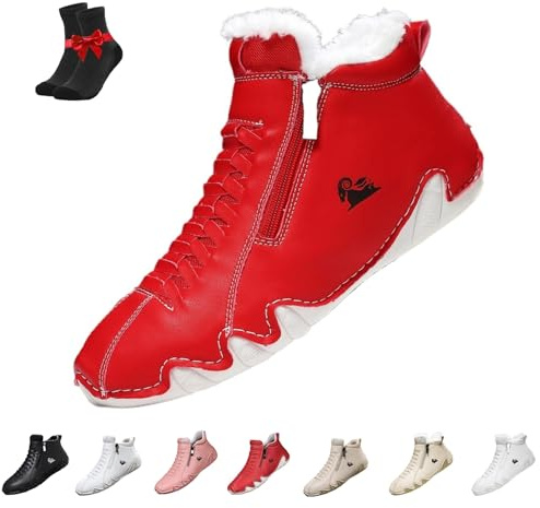Barfotastövlar i läder for kvinnor, höga halkfria sneakers med dragkedja for utomhusbruk, vandring, casual, varma fleecefodrade stövlar(Red (fleece-lined),41 EU)