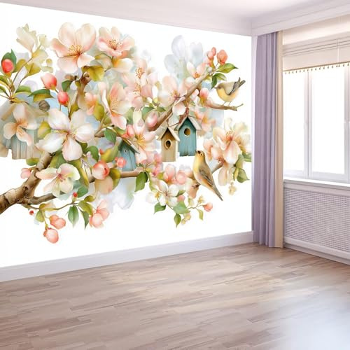 Acquerello Fiori Carta Da Parati, Uccelli Rami Cottage Murale 200 X 140 Cmnon Tessuto Carta Da Parati Bianco Per Camera Letto Tv Decorazione Sfondo Fotomurali In Murale Alla Moda Da Muro