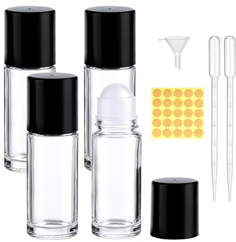 Quelcc 4 x 50ml Botellas de Rodillo de Vidrio, Botellas Vacías con 2 x 5ml Pipetas, Embudo de Plástico & Pegatina, Anti-Fuga para Aceites Esenciales, Perfume, Aromaterapia