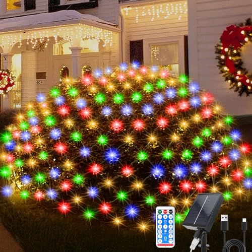 JIMACRO 3 x 2M Solar Lichterkette Netz Beleuchtung Garten, 8 Modi Lichternetz Lichtervorhang Lichterkette mit Fernbedienung & Stoppuhrfunktion, Wasserdicht Mesh Lichterkette Netz für Büsche Balkon