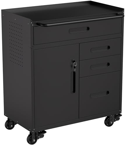 LLGWGL Svart verktygsskåp i metall med hjul | Mobil verkstadsskåp med 4 lådor låsbart fack hålväggar och 5 krokar, för garage och verkstad, 87,3 x 75 x 42 cm