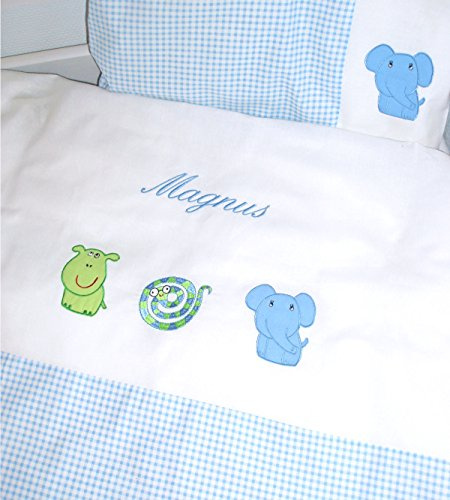 BABYBETTWÄSCHE MIT NAMEN, NILPFERD, SCHLANGE UND ELEFANT, 80/80 CM