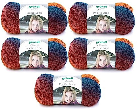 Gründl Pacific Lace 80% Polyacryl 5 x 100 g, Passion Fruit | 10 % Wolle, 10 % Alpaka, 100 g / 550 m, Nadelstärke: 2,5 mm - 3 mm, 100 g