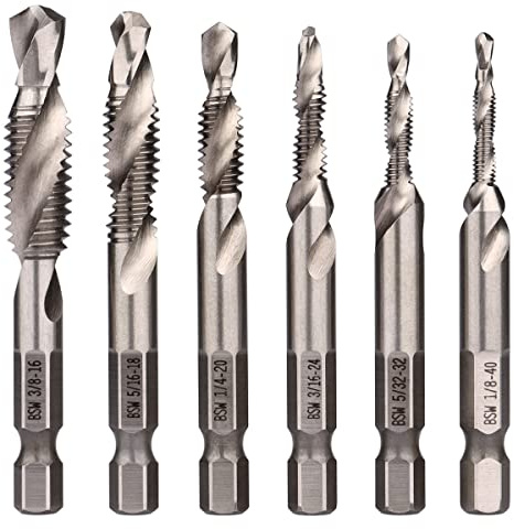 Wolfride 6Pcs 1/4-Inch Hex Shank Combination Drill and Tap Bit Set Metal Deburr Countersink Drill Bit 1/8 inch-3/8 inch