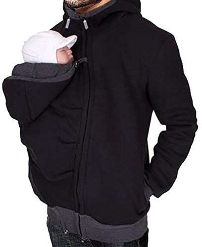 amropi Uomo Felpe del Portare Neonato Bambino Felpa con Cappuccio Canguro Porta Bebè Hoodie Autunno e Inverno Nero,M