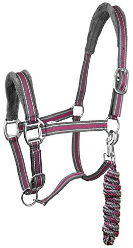 York Halfterset Halfter mit Strick Calipso Halfter & Strick gepolstert 5 Farben (Pony, grau/rosa)