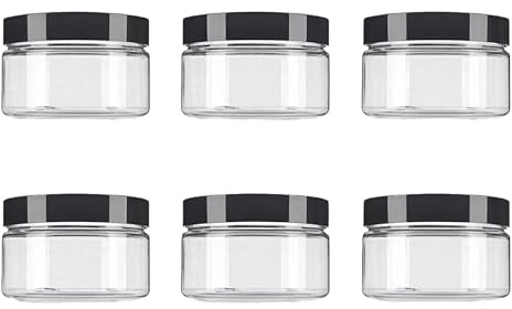 6PCS 250ML Gram/8oz Empty Plastic Clear Wide Mouth Round Jars with Black Lids Cosmetic Makeup Storage Bottles Cream Lotion Container Holder Dispenser for Eyeshadow Powder Dry Goods