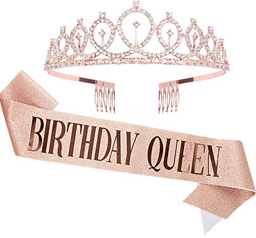 CAVETEE Schärpe und Strass-Tiara-Set Birthday Queen, Farbe 1, 2 Stück set