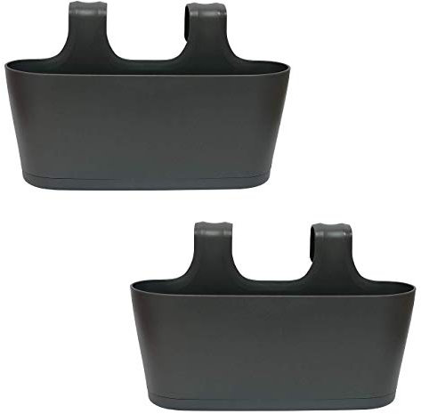 Gariella - 2 x Blumenkasten in Anthrazit, Hängekasten, Geländer-Montage, Balkon, Außenbereich, 5,5 L, oval, Kunststoff, Übertopf, Pflanzkasten, Blumentopf zum Hängen, Wasserspeicher/Untersetzer