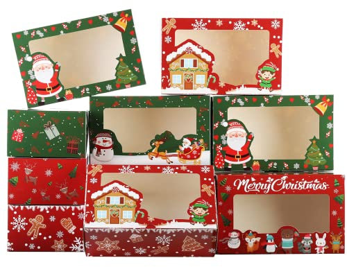 20PCS Christmas Cookie Boxes(8x5x3 inches) -Large Holiday Bakery Food Container with Window ​Holiday Treat ​Box Reindeer Santa Snowman gingerbread Man Cookie Boxes ​for Gift Giving