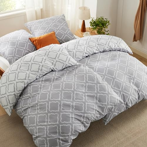 BEDSURE Ropa de cama de 135 x 200 cm, 4 piezas, funda nórdica de 135 x 200 cm, juego de 2 unidades con 2 fundas de almohada de 80 x 80 cm, suave ropa de cama reversible, diseño de rejillas, gris con