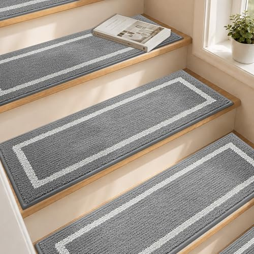 COSY HOMEER Alfombra antideslizante de 28 x 9 pulgadas para escaleras de madera, alfombras de escalera para niños y perros, 100% poliéster TPE, 15 unidades, gris, cuadrado
