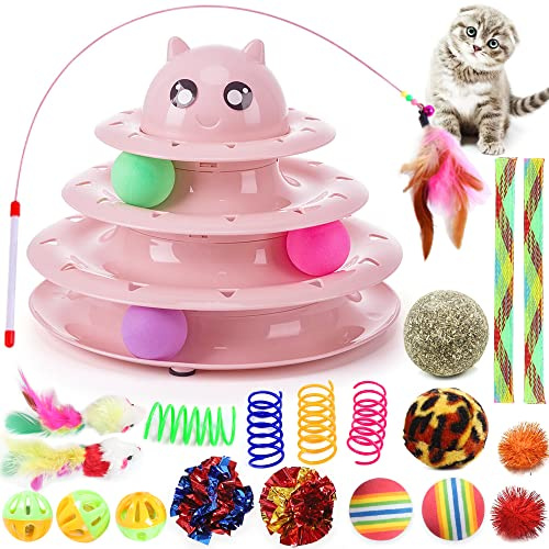 Suhaco 21 Pack Cat Toys for Indoor Cats Interactive Kitten Toy Fun Roller 3 Level Cats Ball Toys with Catnip Ball Self Play Cat Feather Wand Kitty Toy for Boredom (Pink)