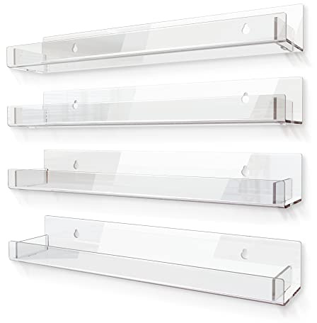 RORKIM 4 Pack 15 Inch Clear Acrylic Shelves, Clear Kids Floating Bookshelf for Kids Room, Modern Nail Polish Rack Sunglasses Essential Oil Picture Ledge Display Toy Storage Wall Shelf