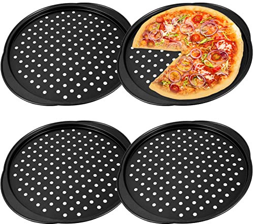 BESTonZON Antihaft-Pizzapfanne Mit Löchern, 4-Teiliges Backstahl-Set, Runde Form für Ofen, Backformen, Pizzablech, Crisper-Set (32 cm)