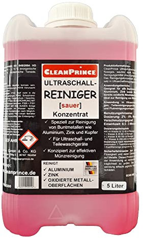 CleanPrince Ultraschallreiniger 5 Liter sauer | Ultraschall - Reiniger Konzentrat Buntmetalle Aluminium Zink Kupfer Münzreinigung Ultraschall- Teilewaschgeräte oxidierte Metalloberflächen