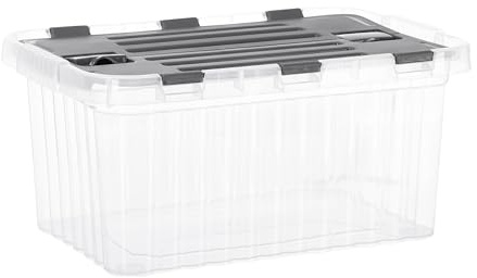 Superio Storage Box with Hinged Lids, Plastic Container Bins for Organizing with Attached Lid, Stackable Crates, BPA Free, Organizers for Home and Dorm, 10.5 Quart (Clear with Grey Lids, 15x10x7)