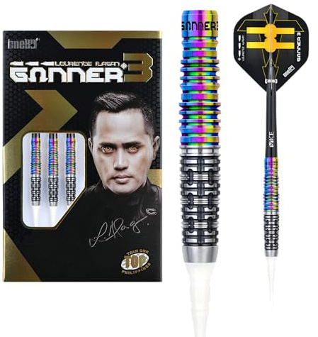 ONE80 Soft Dart Lourence Ilagan The Gunner 3 VHD 90% Tungsten Softtip Dart Softdart Dartpfeile Set mit Schäften und Flights Hochwertige Tungsten Softdarts (Rainbow, 22 Gramm)