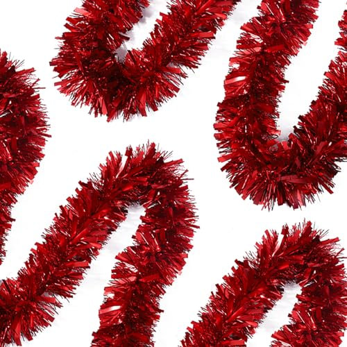 50 FT Red Tinsel Garland Christmas Tinsel Garland Xmas Tree Decorations Metallic Twist Streamer for Christmas Tree New Year Holiday Birthday Party Decorations (3.54 x 50', Red)
